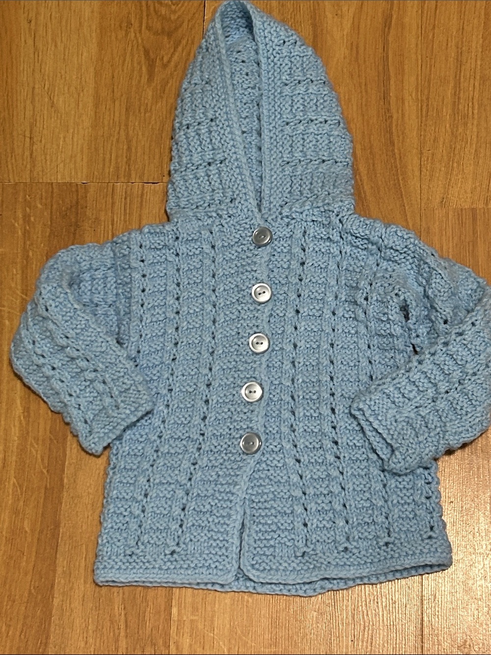 Vintage 80’s Hand-Knit Light Blue Hooded Baby Cardigan